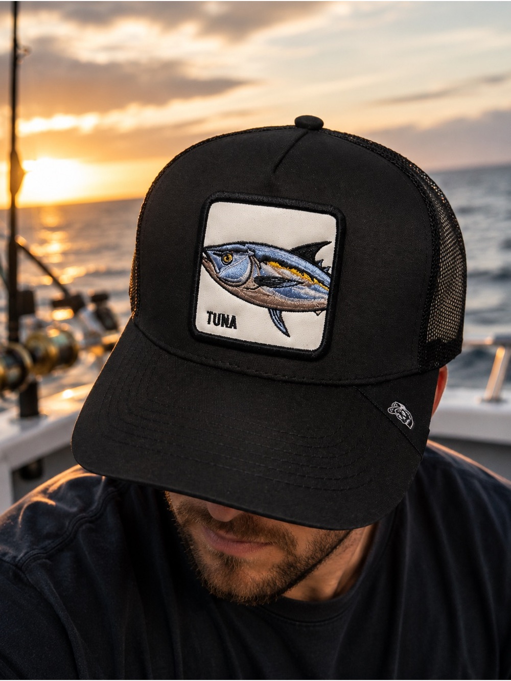 Trucker snapback, tuna, Fish Hat patch, embroidery, black cap